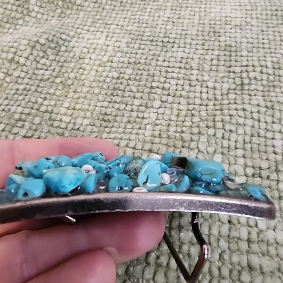 Handmade Stone Cross Belt Buckle Turquoise Howlite Beads Western 3" - Picture 6 of 8